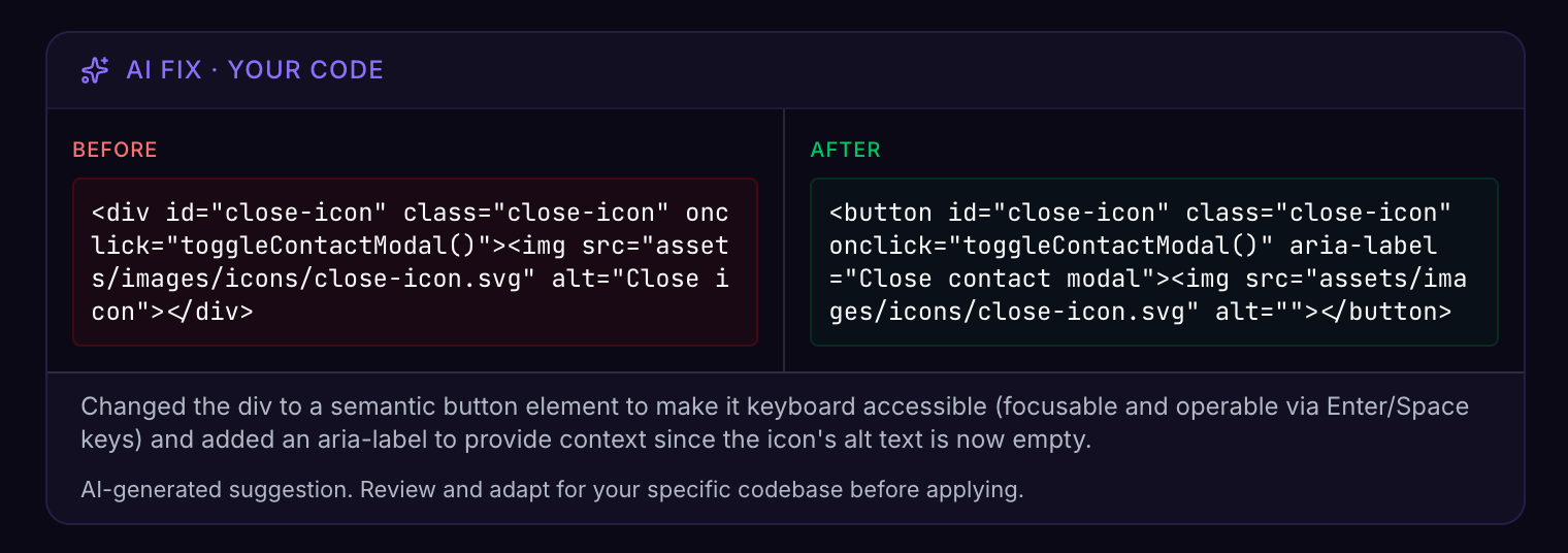 A Lumi AI fix, showing before and after code for an accessibility issue