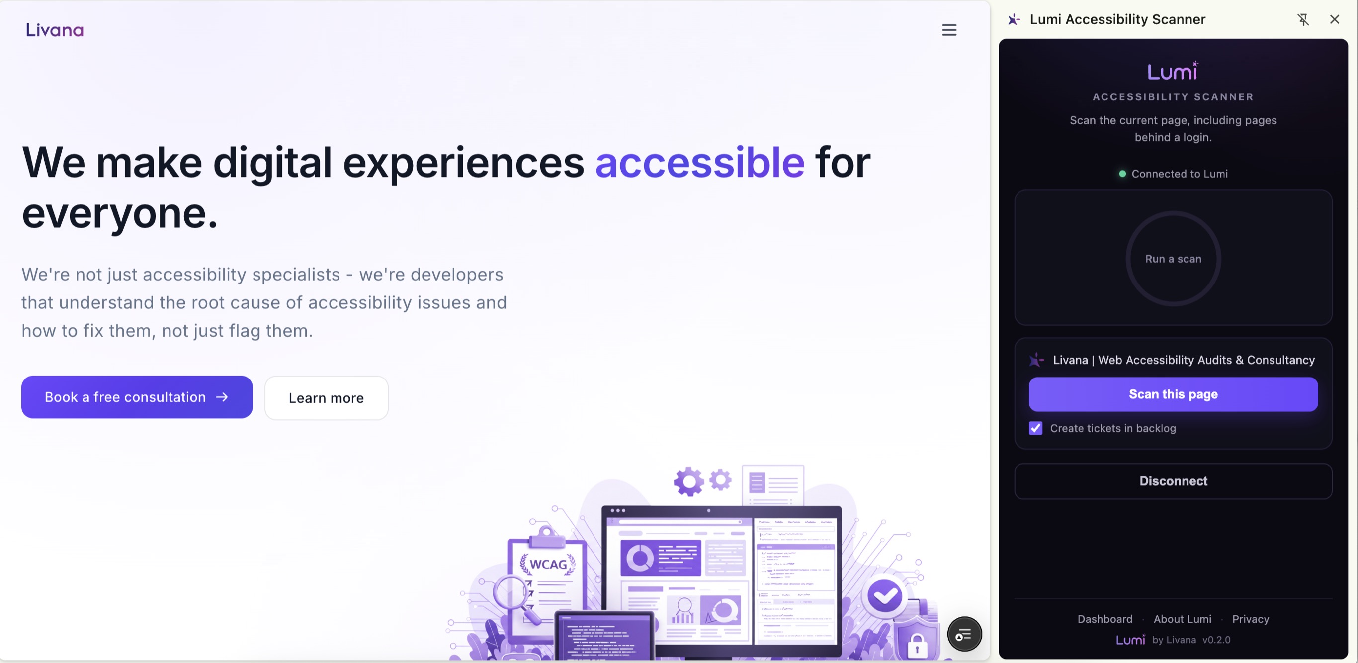 The Lumi browser extension scanning a page behind a login, showing the accessibility score and issue breakdown