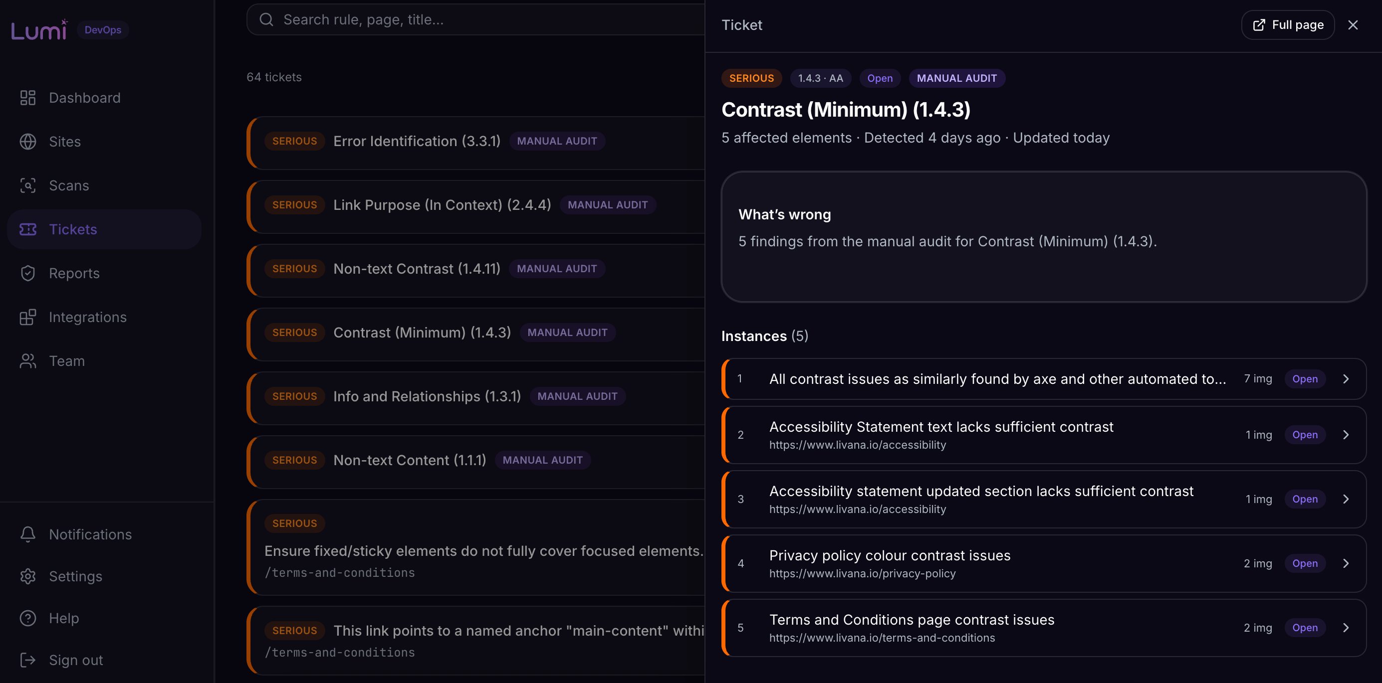 The Lumi ticket backlog with a finding open in a detail panel, showing its affected elements as an assignable instance list