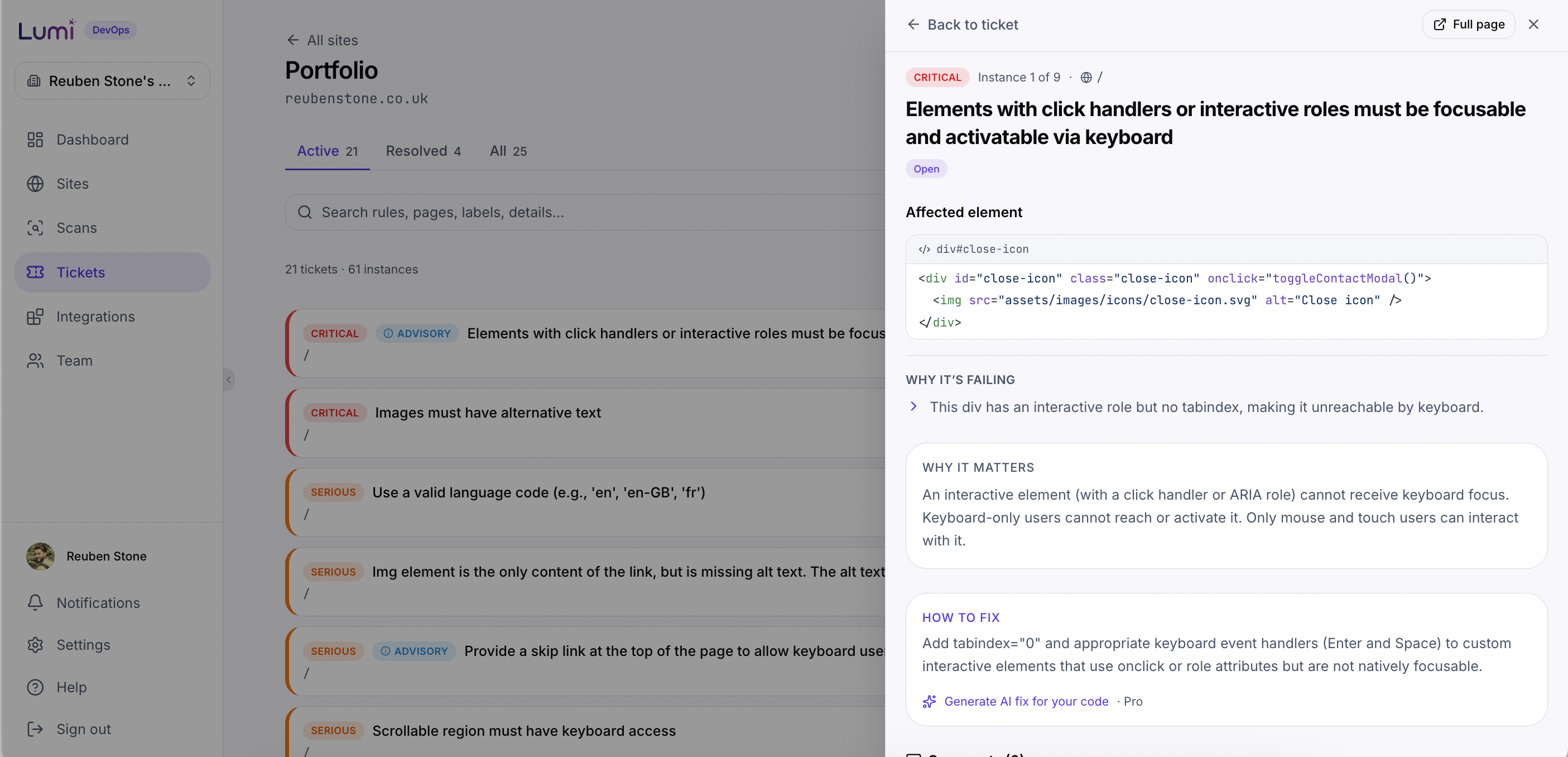 A Lumi finding detail showing the affected element, code context, why it fails and how to fix it