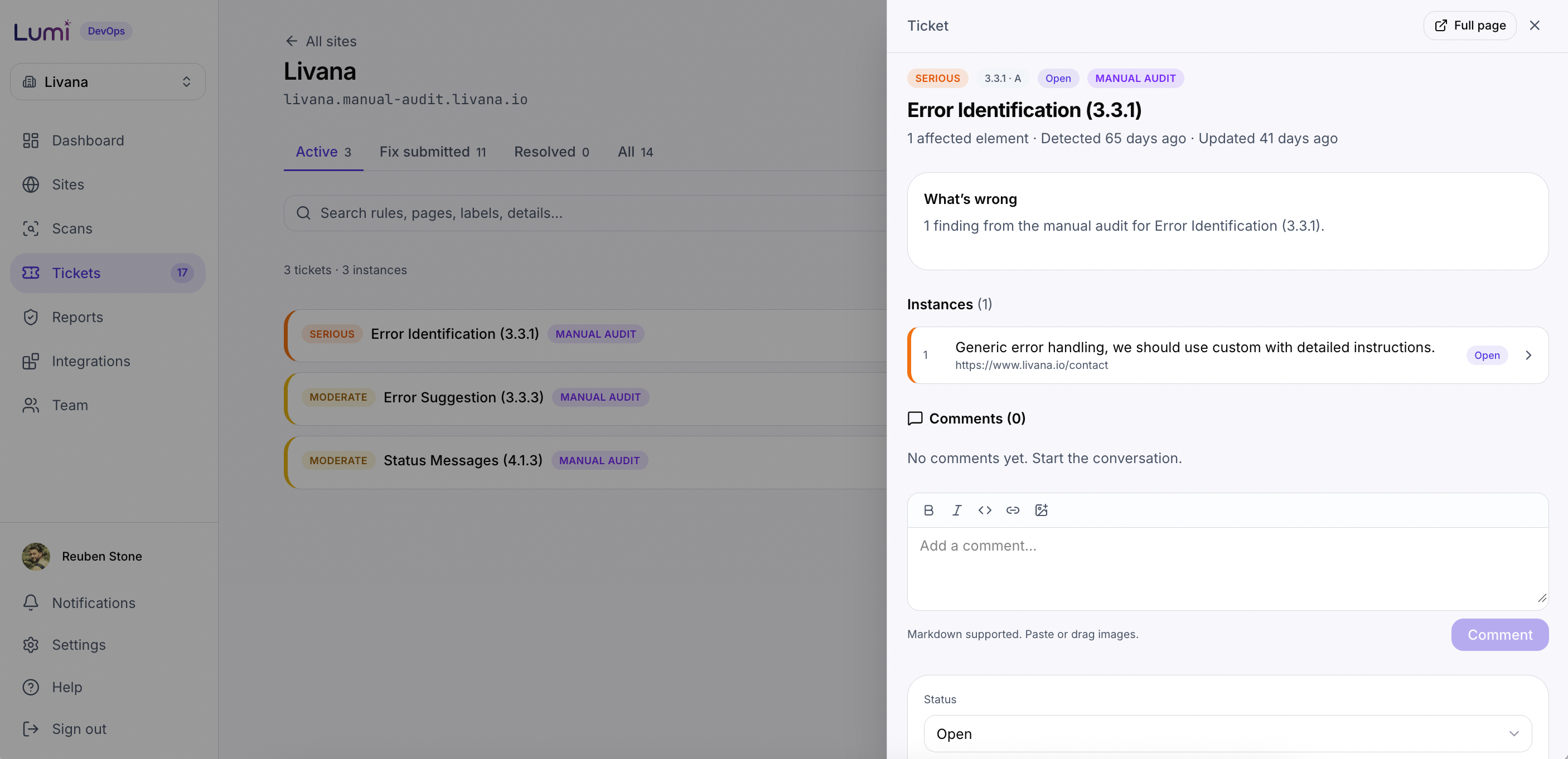 The Lumi ticket backlog showing manual audit findings with a ticket detail panel open, displaying the issue description, affected instance and comment thread