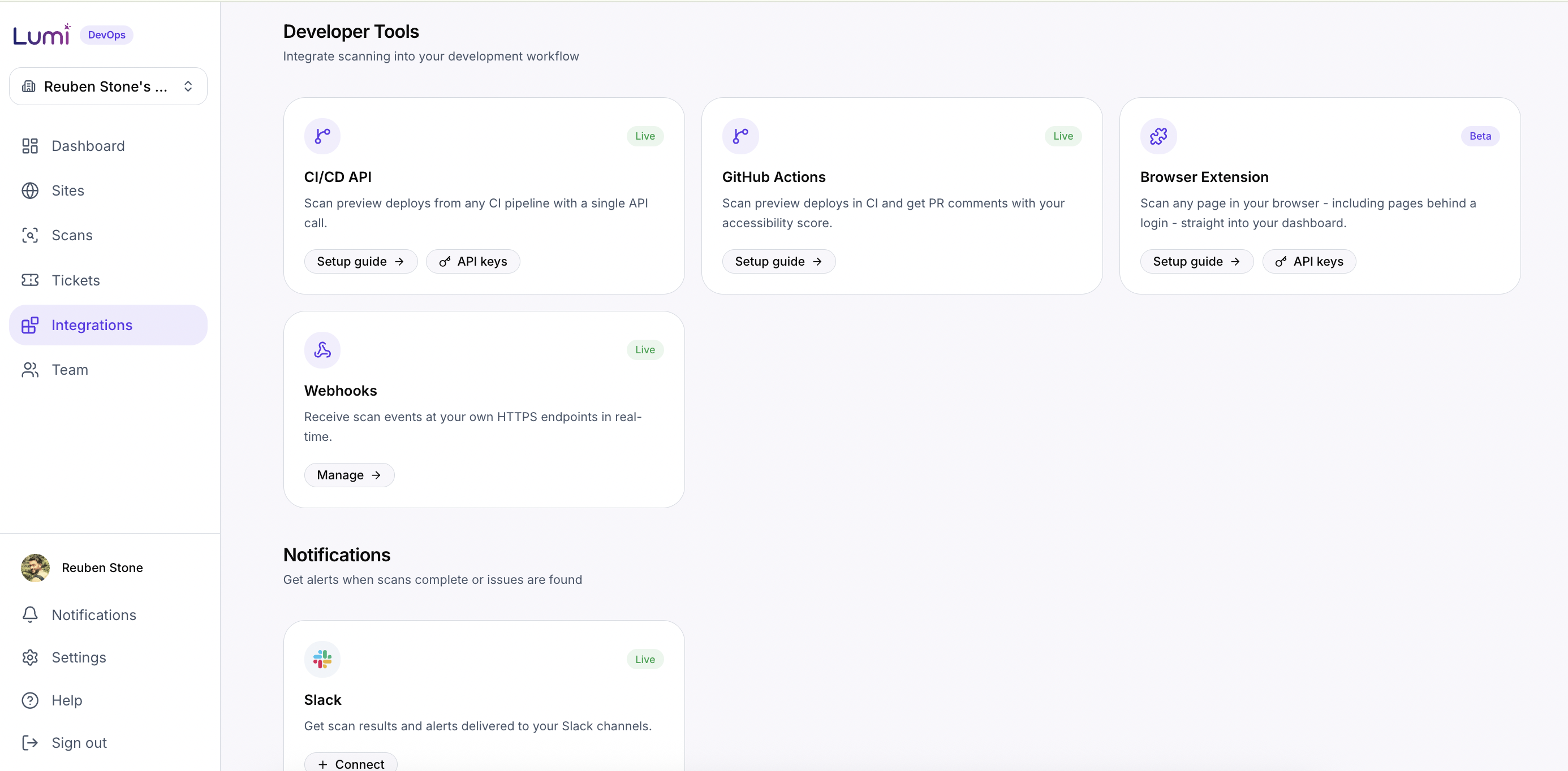 The Lumi integrations page showing CI/CD API, GitHub Actions, browser extension, webhooks and Slack