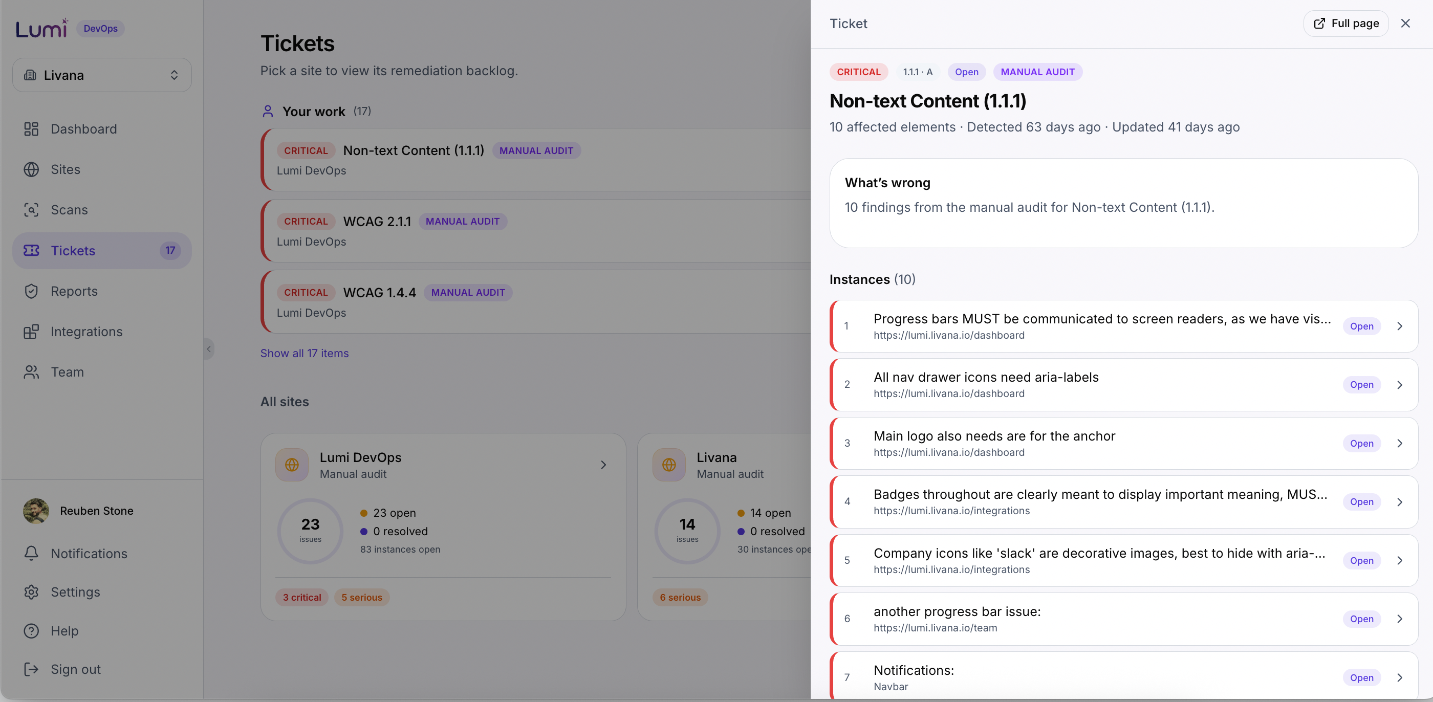 The Lumi ticket backlog showing manual audit findings with severity labels, instances and a ticket detail panel