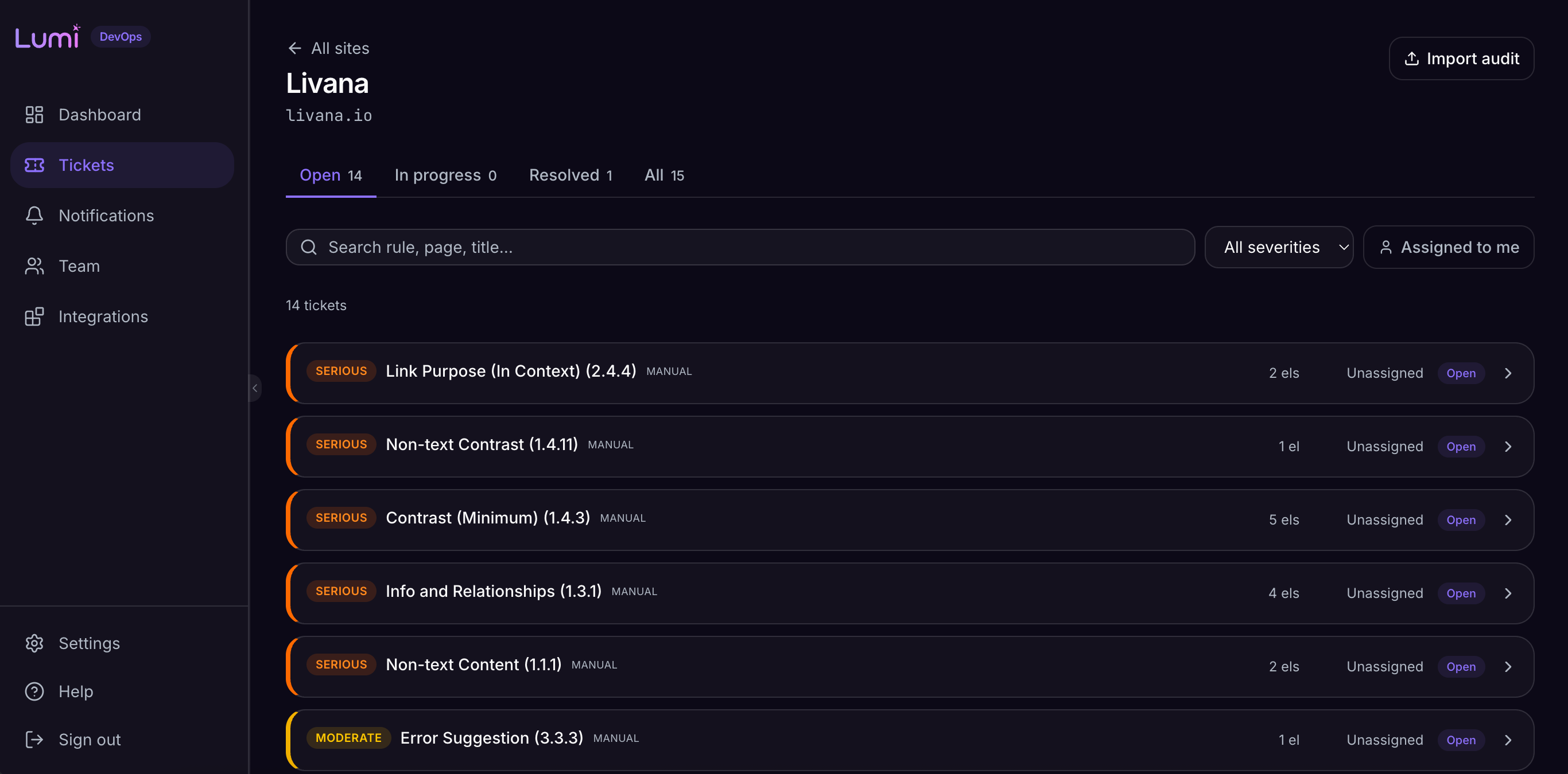 The Lumi ticket backlog, listing accessibility issues with severity labels and status