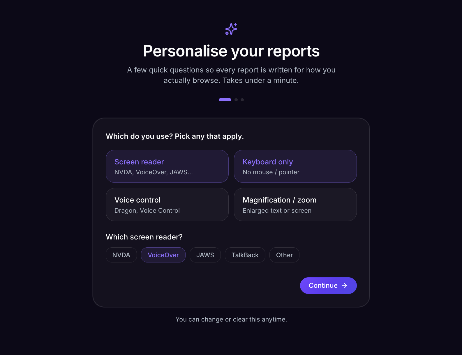 The LumiLens setup screen where you choose the assistive technology you use — screen reader, keyboard only, voice control, or magnification and zoom — so every report is tailored to you